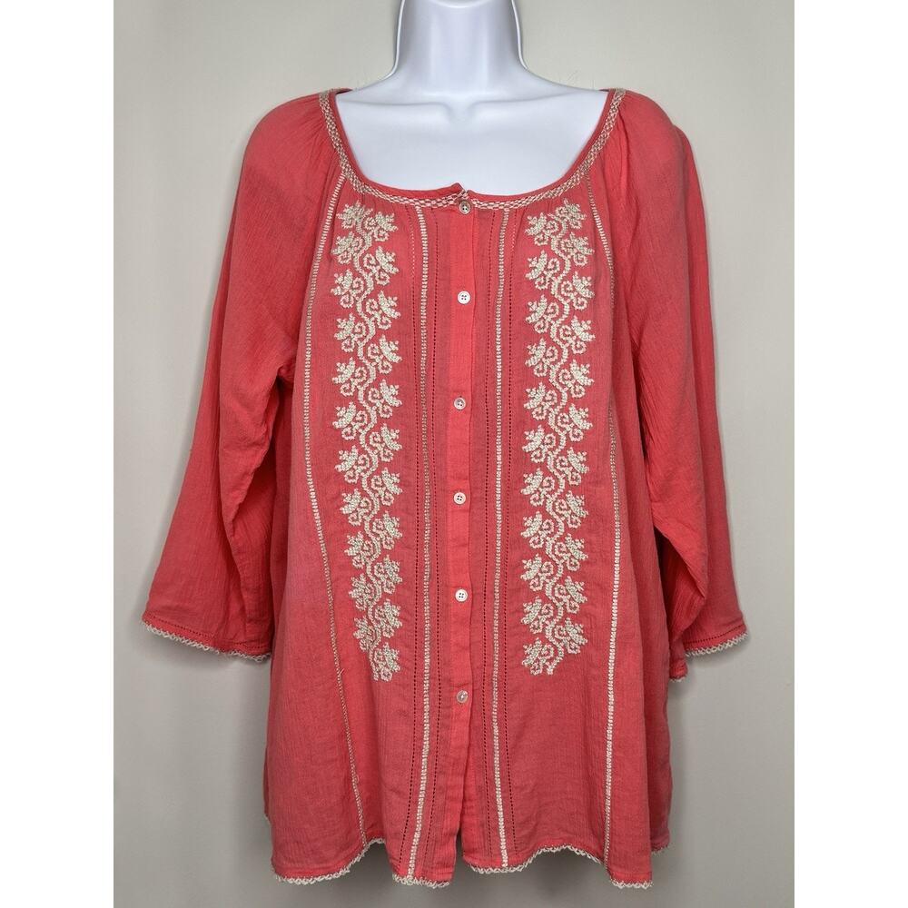 J.‎ Jill Gauzy Embroidered Button Up Top Women's L Coral Beach Boho Lightweight